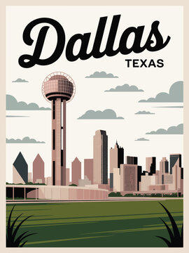 Dallas Poster, Texas skyline in soft pink beige with classic retro script font travel city illustration