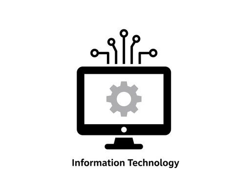 Black and white icon displaying a desktop computer screen with a gray gear and circuit elements, representing information technology.