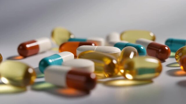 Multicolored pills and capsules falling.
