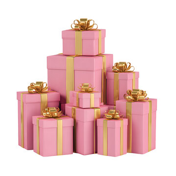 Stack of pink gift boxes with golden ribbons