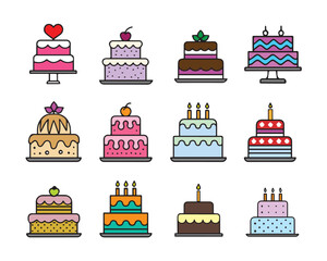 Colorful Birthday Cake Icon Set Cute Cartoon Celebration Cakes Vector Collection