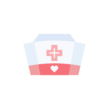 semi-flat vector icon of nurse hat with medical cross and small heart, soft pastel tones