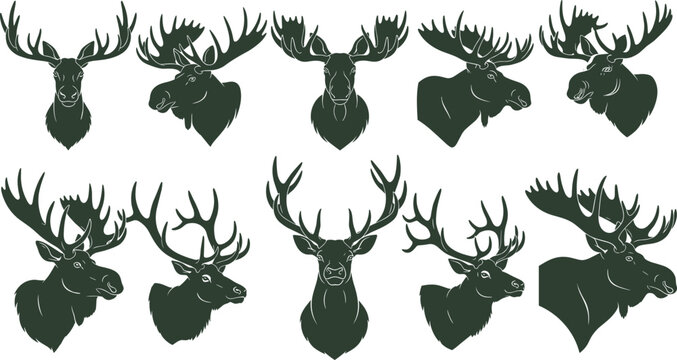 Deer and moose head silhouettes collection, antlered wildlife trophy set, hunting animal vector illustration isolated on white background