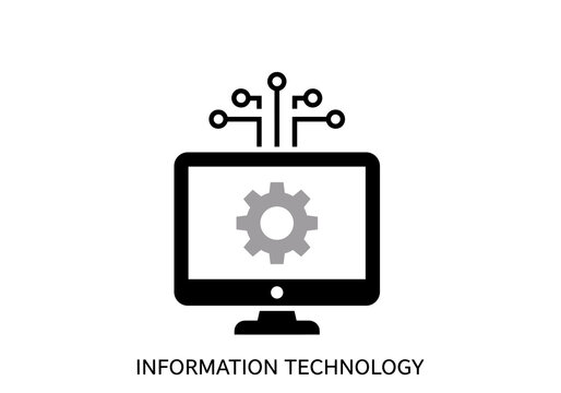 A computer monitor displays a gear icon on its screen, connected to a circuit board graphic symbolizing information technology.