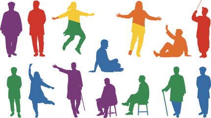 Obraz premium Diverse, colorful, silhouette, people, inclusion, mobility, abstract, figures, unity, disability, vibrant, standing, sitting, dancing, crutches, cane, gesture, community, symbolic, equality