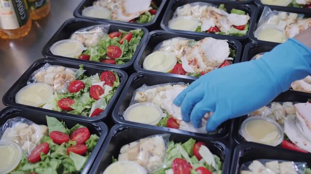 Worker arranging chicken salad meal prep containers for catering.