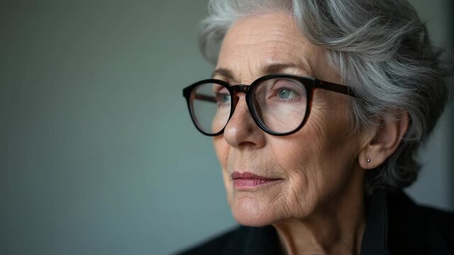 Gray haired old serious business woman wearing glasses, thinking fashion editorial photography, high-fashion imagery, avant-garde aesthetics, editorial storytelling, conveying fashion trends.