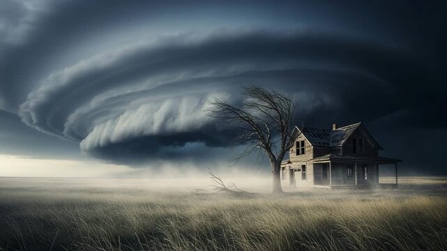 Dramatic storm clouds swirling above an abandoned house in field  