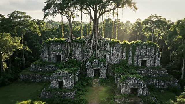 Ancient stone ruins with massive trees and vines reclaimed by nature