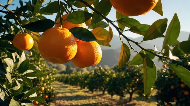 Ripe oranges hang from a lush green branch in a sunny orchard with rows of trees