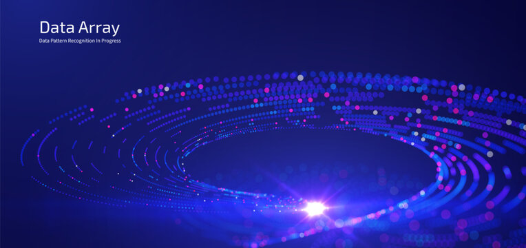 Futuristic data array visualization with flowing particle waves and digital interface representing big data analysis, pattern recognition, artificial intelligence, machine learning vector background
