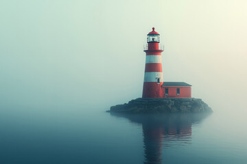 Minimalist nature seascape featuring lonely lighthouse surrounded by fog and calm water. Ideal for peaceful coastal nature, balance, simplicity and mindfulness visuals with copy space.