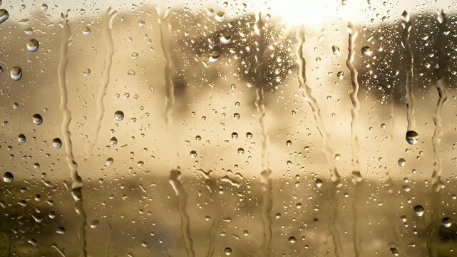 Water drops run down a glass surface with a bright sunlit background
