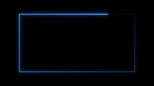 Glowing neon rectangle frame with electric flickering effects. electric blue neon glowing rectangle border on black background.