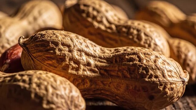 Close-up view of whole peanuts in their shells resting on a rustic wooden