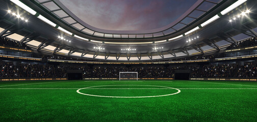 Football and soccer field at a sports stadium with shining spotlights and fans ready for the upcoming grand sporting event. Professional sports advertisement background. © LeArchitecto