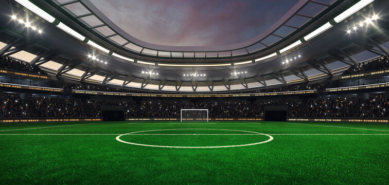 Football and soccer field at a sports stadium with shining spotlights and fans ready for the upcoming grand sporting event. Professional sports advertisement background.