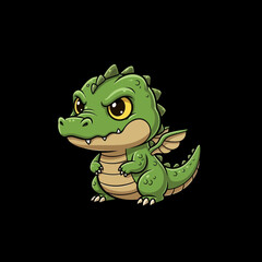 Fototapeta premium Cute Green Baby Dragon with Big Yellow Eyes and Small Wings.
