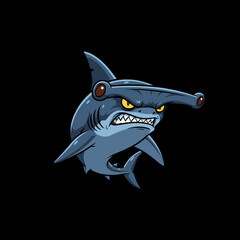 Fototapeta premium Fierce Hammerhead Shark Cartoon Character with Angry Expression.