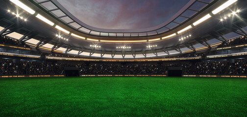 Fototapeta na wymiar Green grass field at a sports stadium with shining spotlights and fans ready for the upcoming grand sporting event. Professional sports advertisement background.