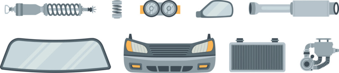 Fototapeta premium Set of flat vector illustrations of car spare parts including bumper, headlights, radiator, shock absorber, mirror, and windshield, automotive repair and maintenance icons