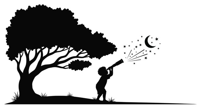 A silhouette of a child looking through a telescope at the stars and moon under a tree