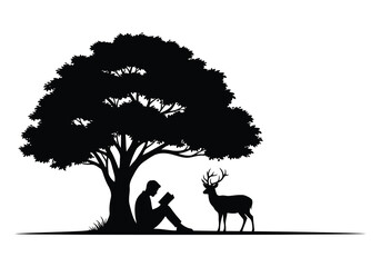 A serene silhouette of a man reading under a tree with a deer standing nearby