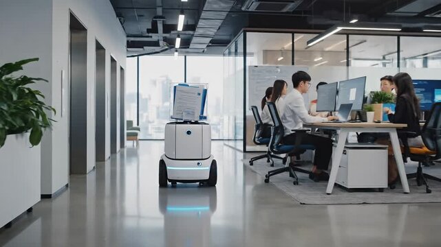 Futuristic Autonomous Robot Delivering Documents in Modern Office