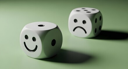 Two white dice with smiley and sad faces on a green background