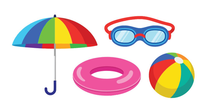 Colorful summer accessories including a beach umbrella goggles and inflatable toys