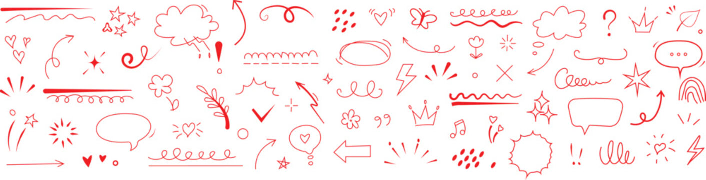 Cute line sketch star, arrow, heart decoration element icon set. Hand drawn sketch doodle cute star, emphasis, flower element. Pen line text decoration shapes. Hand drawn vector