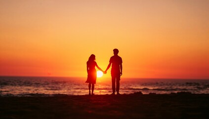Fototapeta premium Couple holding hands at sunset beach