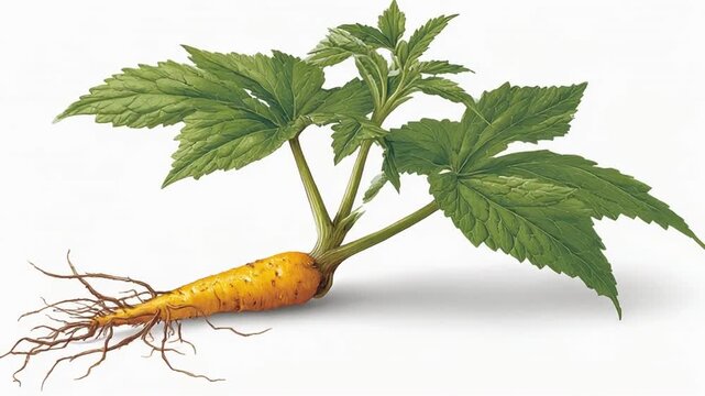 Botanical illustration of a plant with feathery green leaves, an orange root, and wispy brown roots