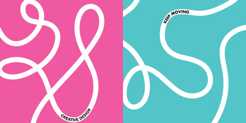 Abstract art design with white squiggly lines on pink and blue backgrounds