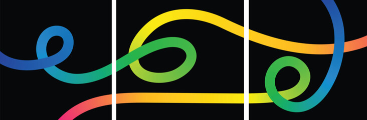 Vibrant multicolored swirling lines on black background with white vertical stripes