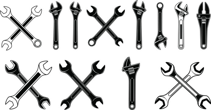 Wrench tool silhouettes collection, adjustable spanner mechanic equipment set, repair maintenance vector illustration isolated on white background