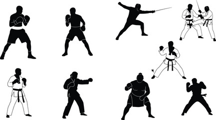 Martial arts silhouette icon set, combat sports, boxing stance, karate pose, fencing duel, sumo wrestling, sword fight, training action, vector illustration, black pictogram © MDMAHOMUDUL