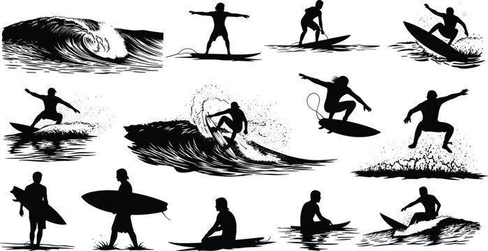 Surfing silhouette icon set, surfer riding, wave action, aerial maneuver, ocean sport, beach lifestyle, surfboard balance, water adventure, vector illustration, black pictogram