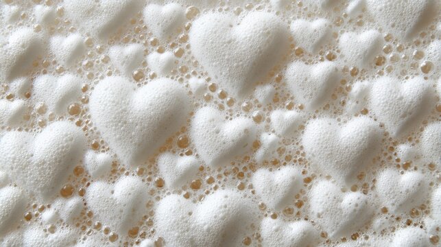 Close-up of the texture and pattern created by soapy foam on a white background, with bubbles forming heart shapes, adding an element of romance to design projects. 