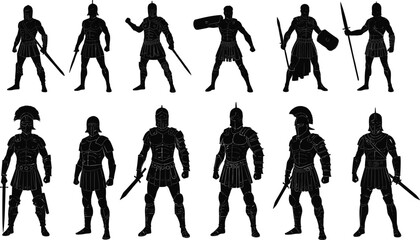 Obraz premium Ancient warrior silhouette icon set, Roman soldier, Greek fighter, sword shield, spear weapon, classical history, military battle, vector illustration, black pictogram, armor