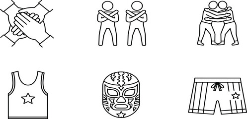 Obraz premium Professional Wrestling and Teamwork Line Art Icons Featuring Lucha Libre Mask Wrestlers Hugging Team Hands Jersey Shorts and Fighting 