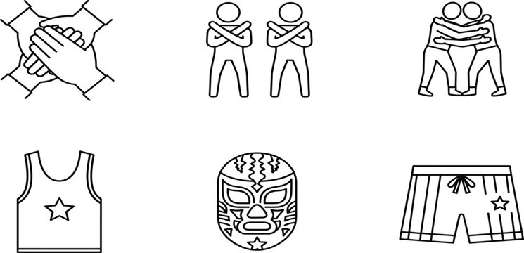 Professional Wrestling and Teamwork Line Art Icons Featuring Lucha Libre Mask Wrestlers Hugging Team Hands Jersey Shorts and Fighting 