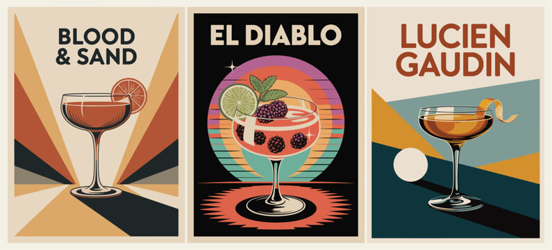Vector illustration set of retro cocktail posters in mid-century modern style featuring Blood and Sand, El Diablo, and Lucien Gaudin. Bold shapes, warm palette, geometric backgrounds.