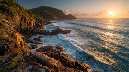 Obraz premium Coastal landscape with ocean waves crashing against rocks at sunset