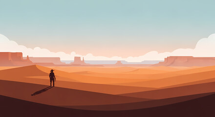 Fototapeta premium Stylized Cowboy Standing in Desert Landscape at Sunset
