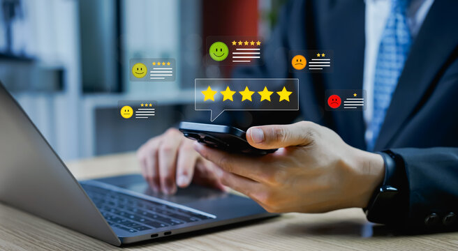 Businessman checking customer feedback icons and five star reviews, satisfaction assessment, online survey system, employee service experience rating, and business service quality concept.