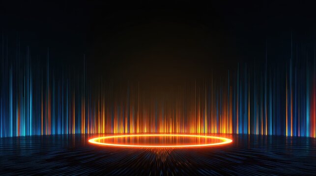 Vibrant glowing circular portal amidst striking vertical lines in a dark space
