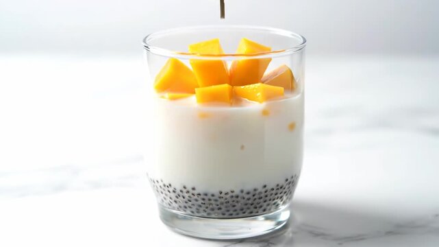 This video shows the preparation of a healthy chia pudding. It features milk, chia seeds, fresh mango, and mint.