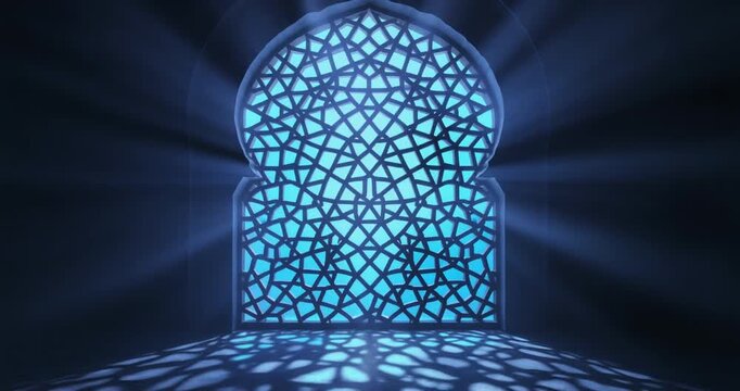 Intricate Islamic geometric window with arabesque patterns casting blue moonlight shadows on floor in dark interior