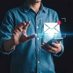 Man interacting with glowing digital envelope on smartphone